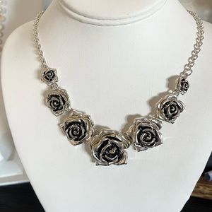 Silver Tone Rose Floral Cascade Necklace